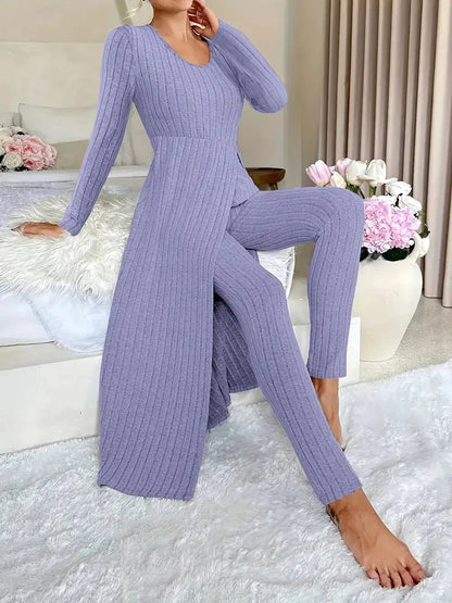 2025 Autumn Winter Home Casual Women's Suit Fashionable Solid Color Round Collar Super Long Slit Top Slim Trousers Two - piece Set - Tammise Market