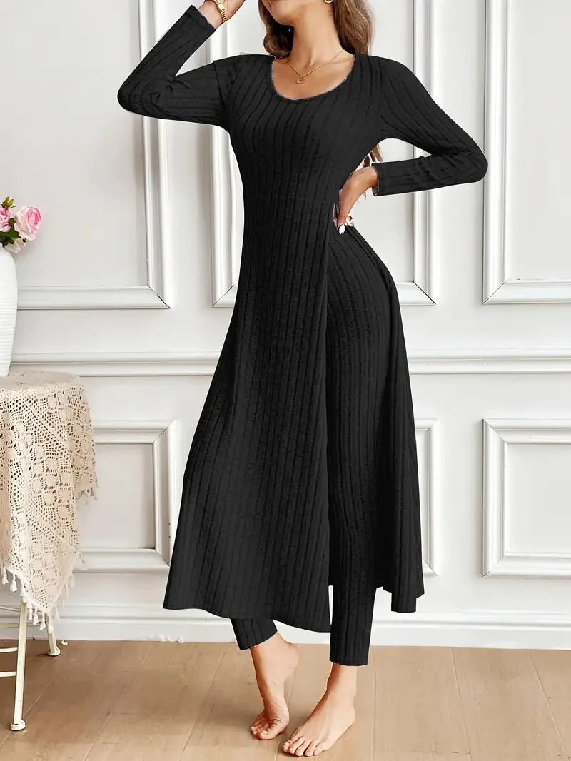 2025 Autumn Winter Home Casual Women's Suit Fashionable Solid Color Round Collar Super Long Slit Top Slim Trousers Two-piece Set.