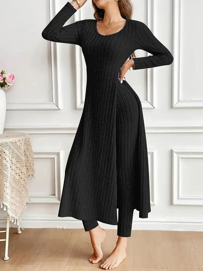 2025 Autumn Winter Home Casual Women's Suit Fashionable Solid Color Round Collar Super Long Slit Top Slim Trousers Two-piece Set.