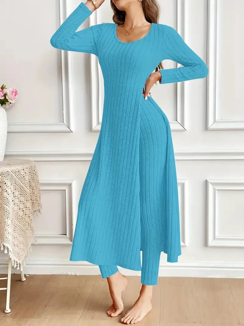 2025 Autumn Winter Home Casual Women's Suit Fashionable Solid Color Round Collar Super Long Slit Top Slim Trousers Two-piece Set.