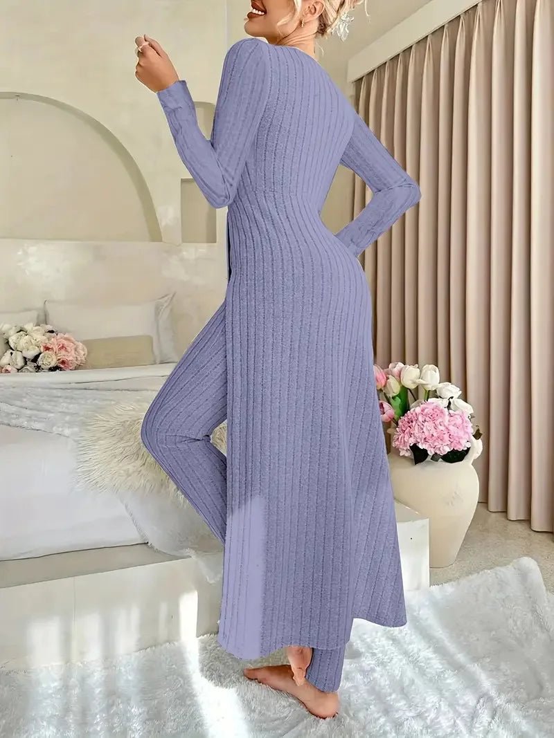 2025 Autumn Winter Home Casual Women's Suit Fashionable Solid Color Round Collar Super Long Slit Top Slim Trousers Two - piece Set - Tammise Market