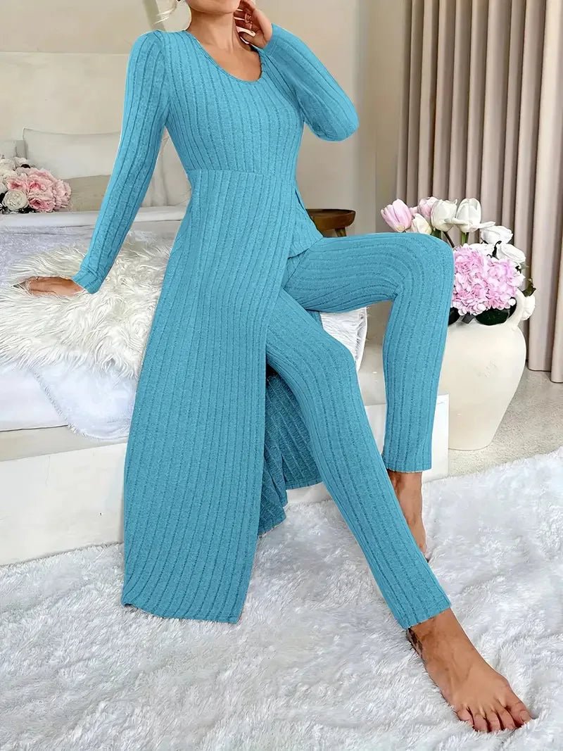 2025 Autumn Winter Home Casual Women's Suit Fashionable Solid Color Round Collar Super Long Slit Top Slim Trousers Two-piece Set.