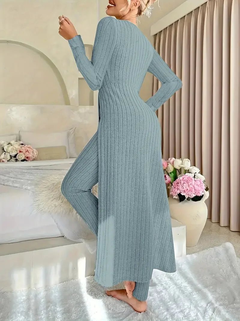 2025 Autumn Winter Home Casual Women's Suit Fashionable Solid Color Round Collar Super Long Slit Top Slim Trousers Two-piece Set.