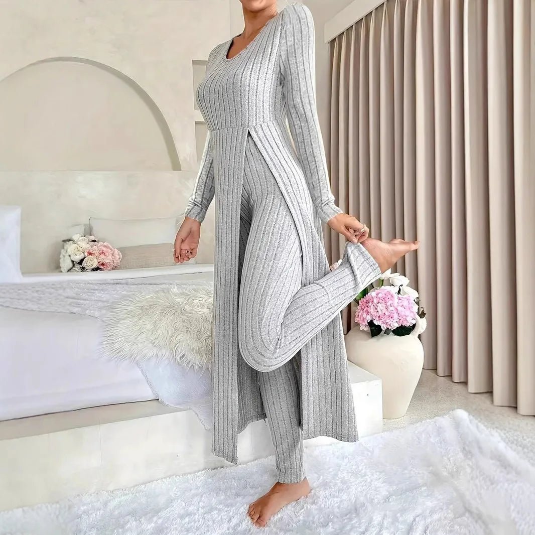 2025 Autumn Winter Home Casual Women's Suit Fashionable Solid Color Round Collar Super Long Slit Top Slim Trousers Two - piece Set - Tammise Market