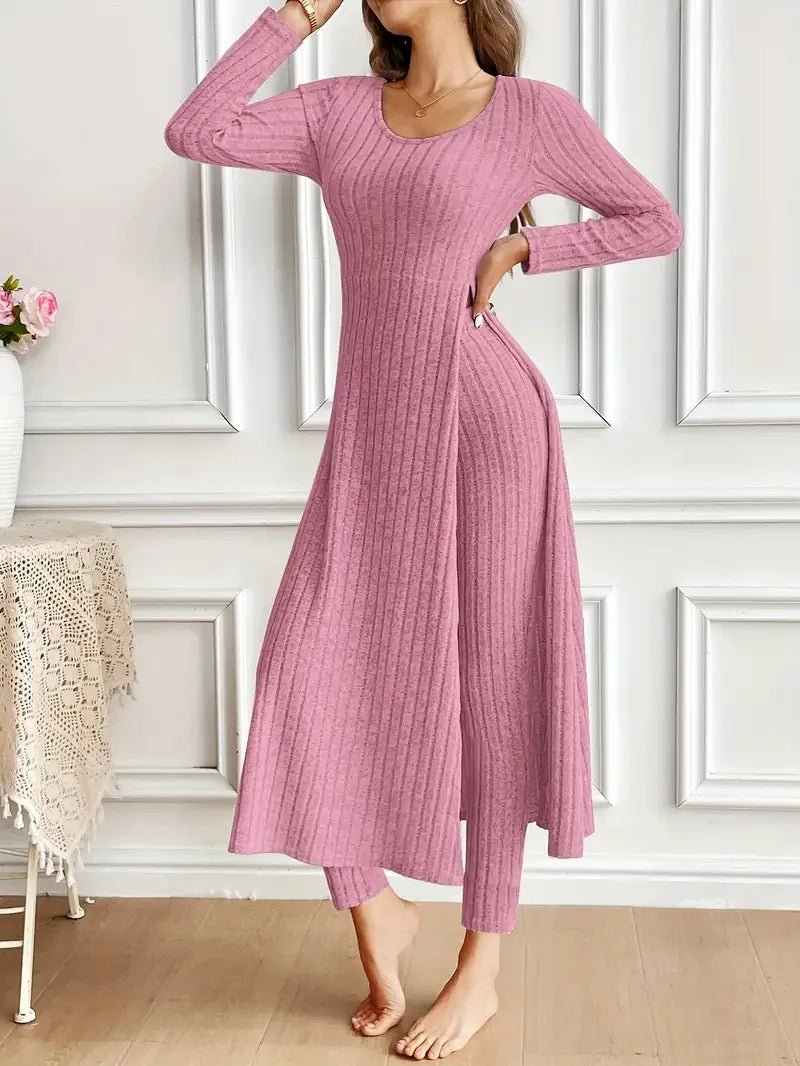 2025 Autumn Winter Home Casual Women's Suit Fashionable Solid Color Round Collar Super Long Slit Top Slim Trousers Two - piece Set - Tammise Market
