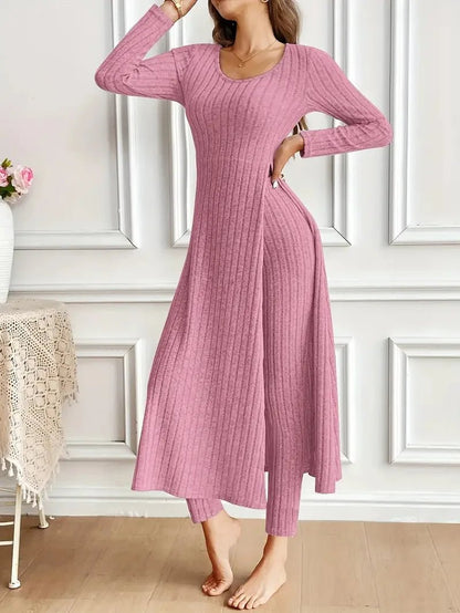 2025 Autumn Winter Home Casual Women's Suit Fashionable Solid Color Round Collar Super Long Slit Top Slim Trousers Two - piece Set - Tammise Market