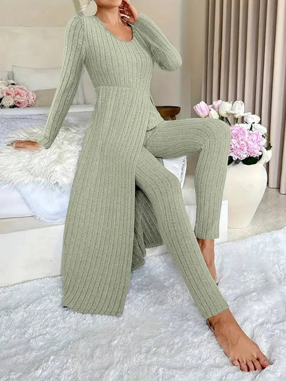 2025 Autumn Winter Home Casual Women's Suit Fashionable Solid Color Round Collar Super Long Slit Top Slim Trousers Two - piece Set - Tammise Market