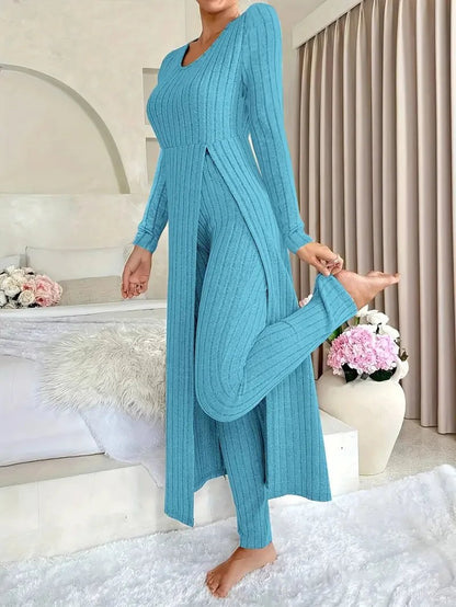 2025 Autumn Winter Home Casual Women's Suit Fashionable Solid Color Round Collar Super Long Slit Top Slim Trousers Two - piece Set - Tammise Market