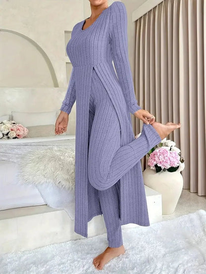 2025 Autumn Winter Home Casual Women's Suit Fashionable Solid Color Round Collar Super Long Slit Top Slim Trousers Two - piece Set - Tammise Market