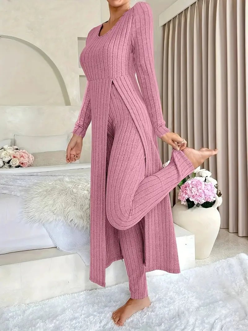 2025 Autumn Winter Home Casual Women's Suit Fashionable Solid Color Round Collar Super Long Slit Top Slim Trousers Two - piece Set - Tammise Market