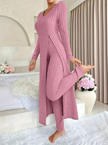 2025 Autumn Winter Home Casual Women's Suit Fashionable Solid Color Round Collar Super Long Slit Top Slim Trousers Two - piece Set - Tammise Market