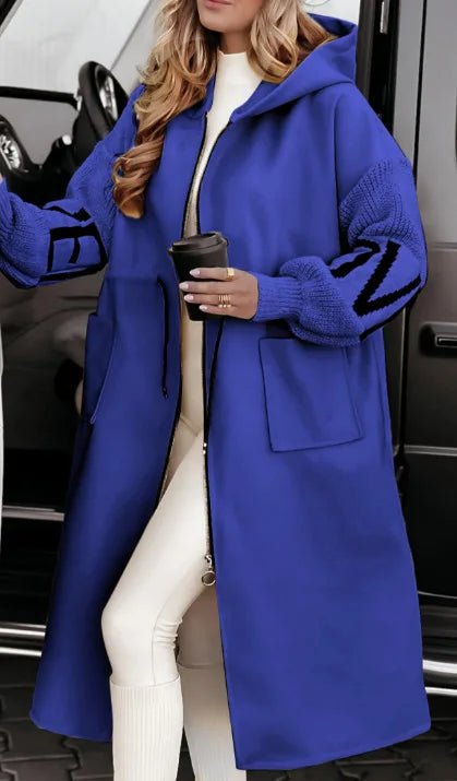 Fashion Oversized Winter Coats Zipper Up Loose Fit Knitted Sweater Long Sleeve Coats Hooded Streetwear Patchwork Trench - Tammise Market