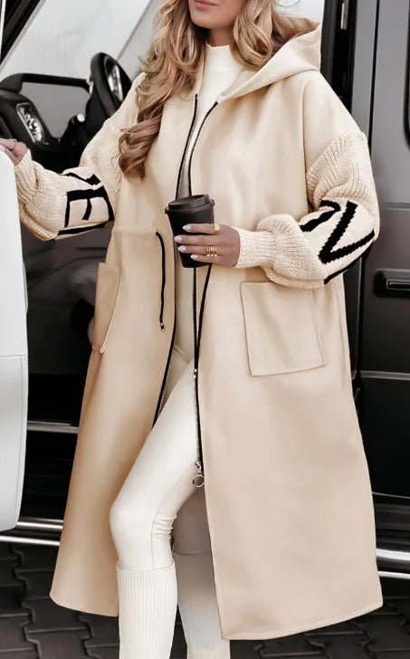 Fashion Oversized Winter Coats Zipper Up Loose Fit Knitted Sweater Long Sleeve Coats Hooded Streetwear Patchwork Trench - Tammise Market