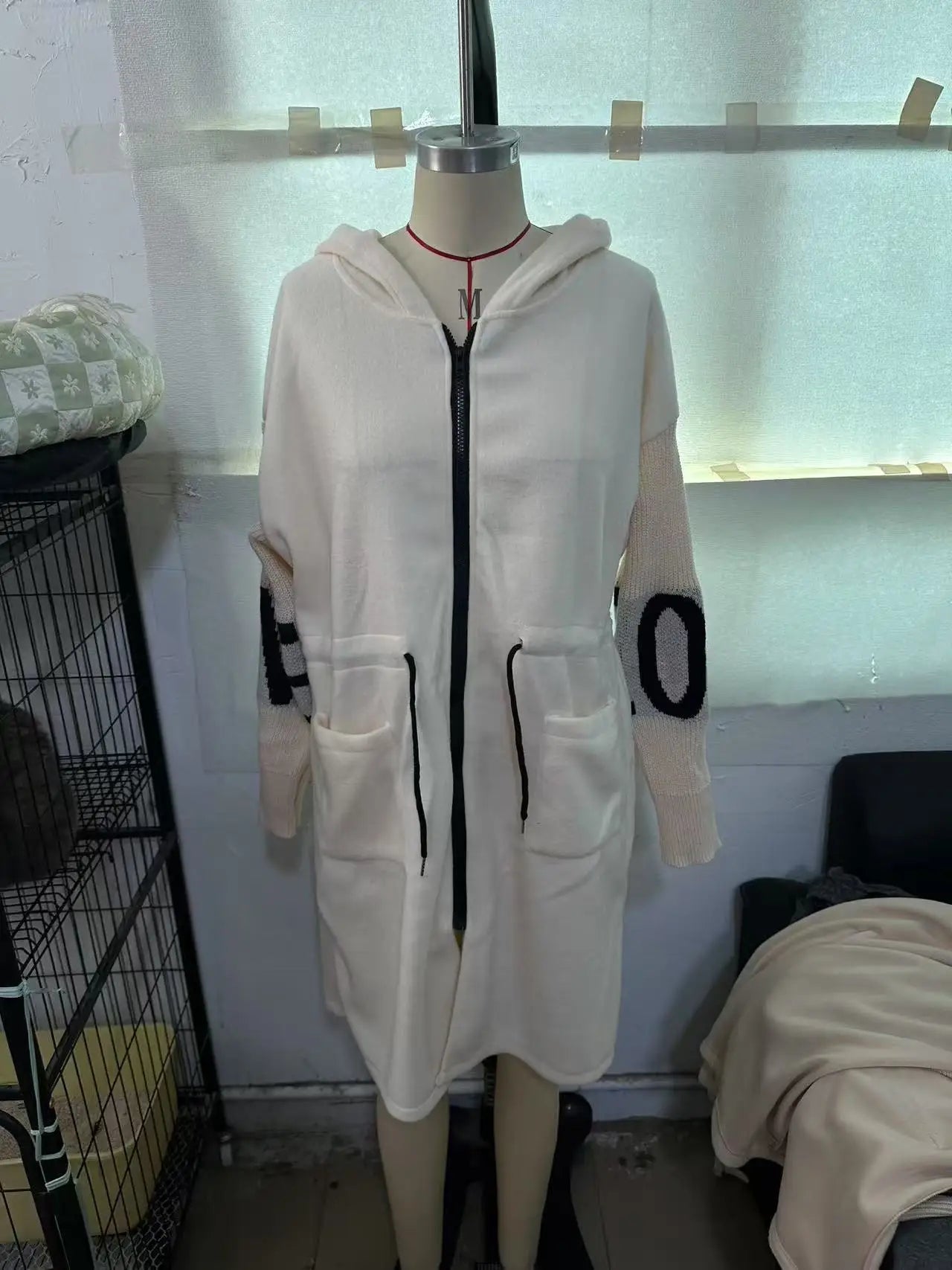 Fashion Oversized Winter Coats Zipper Up Loose Fit Knitted Sweater Long Sleeve Coats Hooded Streetwear Patchwork Trench - Tammise Market