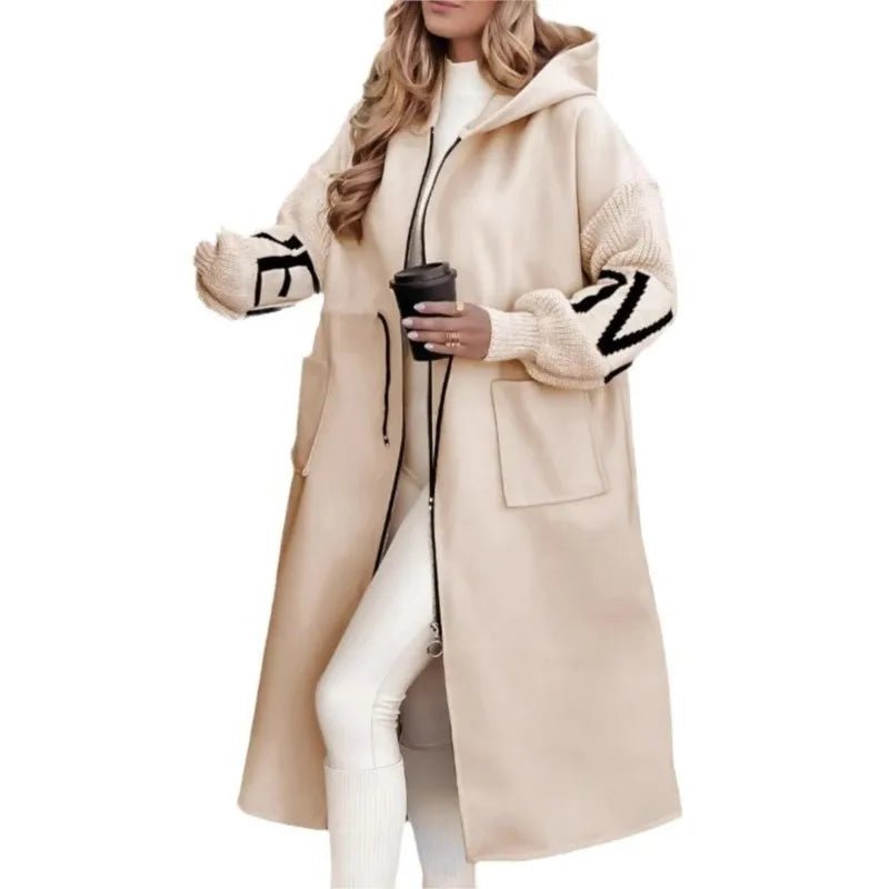 Fashion Oversized Winter Coats Zipper Up Loose Fit Knitted Sweater Long Sleeve Coats Hooded Streetwear Patchwork Trench - Tammise Market