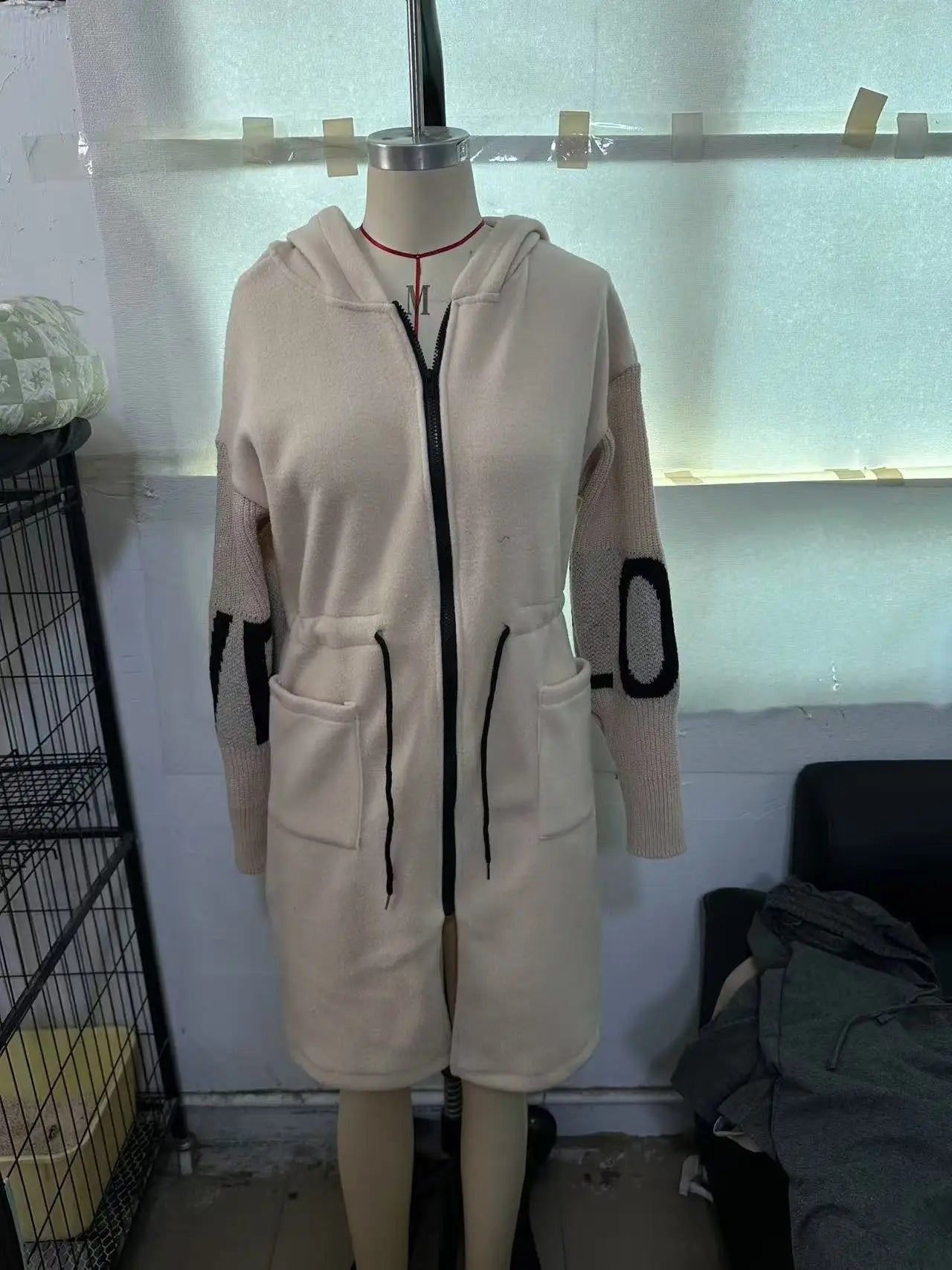 Fashion Oversized Winter Coats Zipper Up Loose Fit Knitted Sweater Long Sleeve Coats Hooded Streetwear Patchwork Trench - Tammise Market