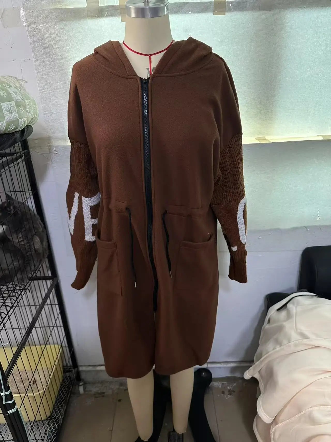 Fashion Oversized Winter Coats Zipper Up Loose Fit Knitted Sweater Long Sleeve Coats Hooded Streetwear Patchwork Trench - Tammise Market