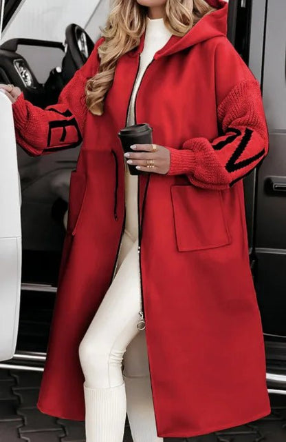 Fashion Oversized Winter Coats Zipper Up Loose Fit Knitted Sweater Long Sleeve Coats Hooded Streetwear Patchwork Trench - Tammise Market