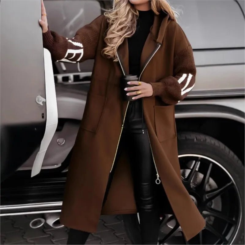 Fashion Oversized Winter Coats Zipper Up Loose Fit Knitted Sweater Long Sleeve Coats Hooded Streetwear Patchwork Trench - Tammise Market