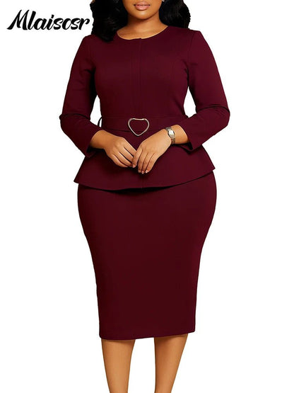 Mlaiscsr African Women Formal Office Work Mid Dress with Belt Evening Club O Neck Long Sleeve High Waist Pencil Bodycon Vestidos - Tammise Market