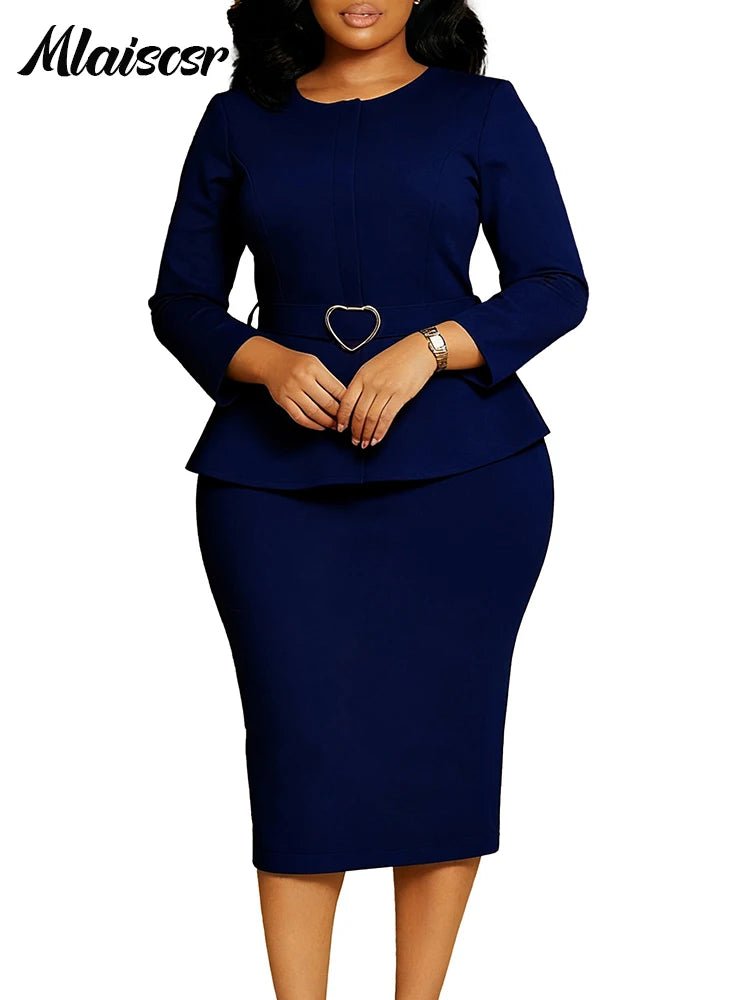 Mlaiscsr African Women Formal Office Work Mid Dress with Belt Evening Club O Neck Long Sleeve High Waist Pencil Bodycon Vestidos - Tammise Market