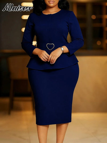 Mlaiscsr African Women Formal Office Work Mid Dress with Belt Evening Club O Neck Long Sleeve High Waist Pencil Bodycon Vestidos.