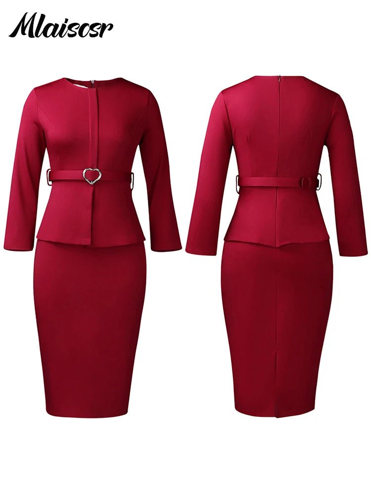 Mlaiscsr African Women Formal Office Work Mid Dress with Belt Evening Club O Neck Long Sleeve High Waist Pencil Bodycon Vestidos.