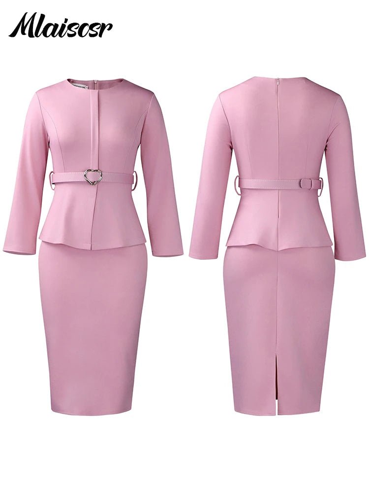 Mlaiscsr African Women Formal Office Work Mid Dress with Belt Evening Club O Neck Long Sleeve High Waist Pencil Bodycon Vestidos.