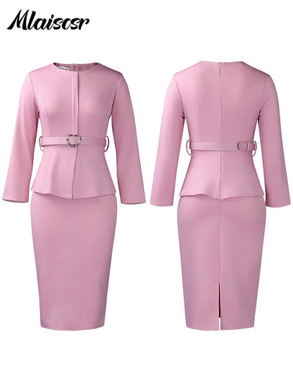 Mlaiscsr African Women Formal Office Work Mid Dress with Belt Evening Club O Neck Long Sleeve High Waist Pencil Bodycon Vestidos.