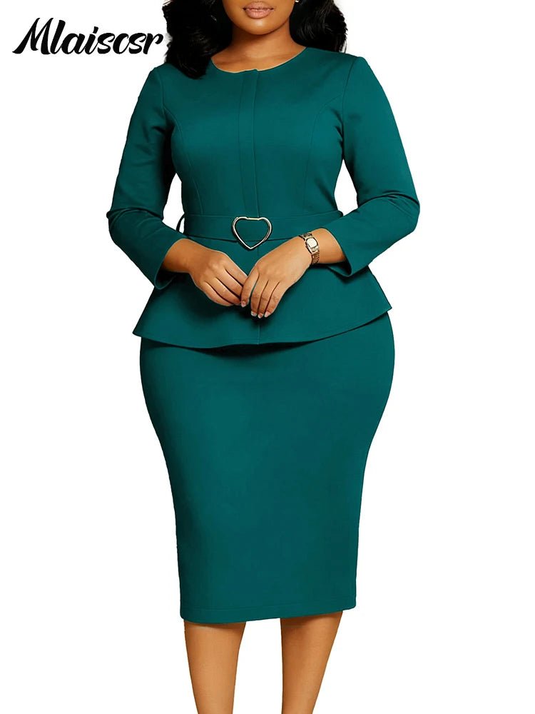Mlaiscsr African Women Formal Office Work Mid Dress with Belt Evening Club O Neck Long Sleeve High Waist Pencil Bodycon Vestidos.