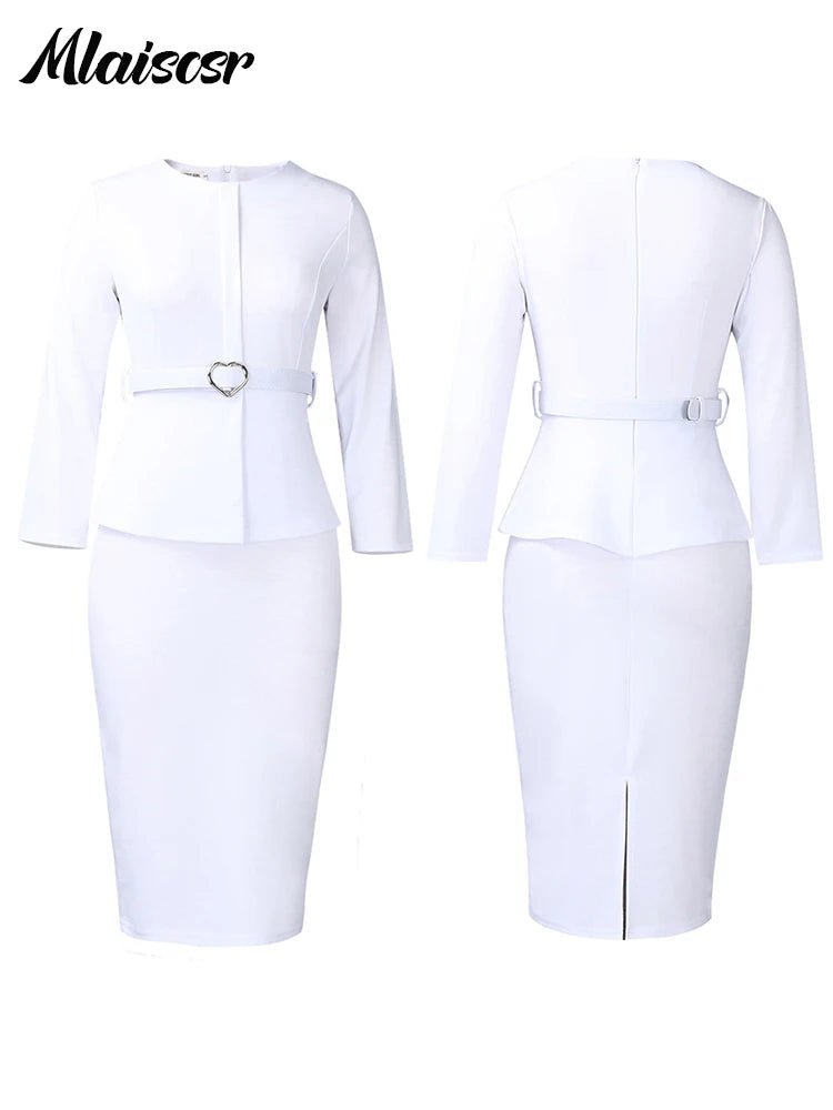 Mlaiscsr African Women Formal Office Work Mid Dress with Belt Evening Club O Neck Long Sleeve High Waist Pencil Bodycon Vestidos.
