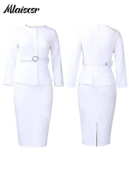 Mlaiscsr African Women Formal Office Work Mid Dress with Belt Evening Club O Neck Long Sleeve High Waist Pencil Bodycon Vestidos.