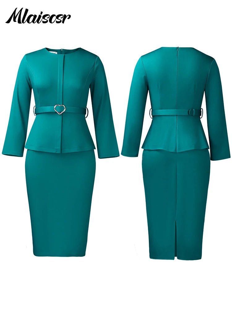 Mlaiscsr African Women Formal Office Work Mid Dress with Belt Evening Club O Neck Long Sleeve High Waist Pencil Bodycon Vestidos.