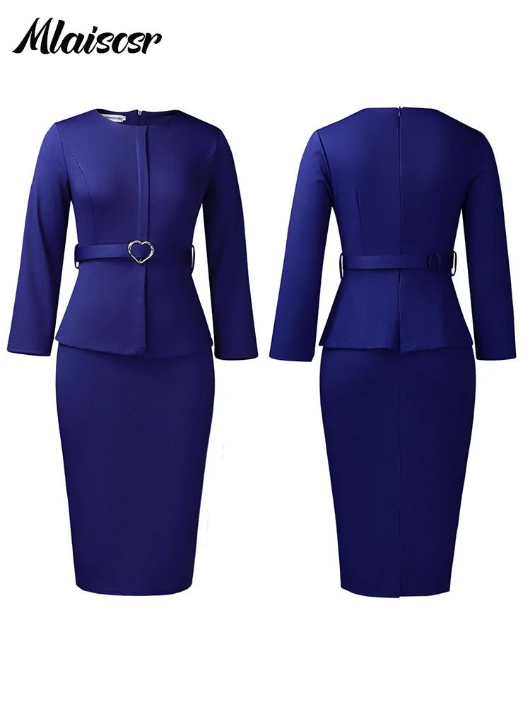 Mlaiscsr African Women Formal Office Work Mid Dress with Belt Evening Club O Neck Long Sleeve High Waist Pencil Bodycon Vestidos.