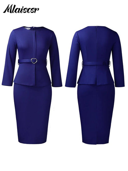 Mlaiscsr African Women Formal Office Work Mid Dress with Belt Evening Club O Neck Long Sleeve High Waist Pencil Bodycon Vestidos.