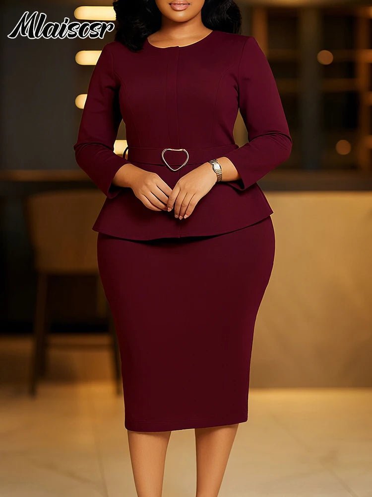 Mlaiscsr African Women Formal Office Work Mid Dress with Belt Evening Club O Neck Long Sleeve High Waist Pencil Bodycon Vestidos.