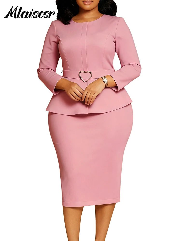 Mlaiscsr African Women Formal Office Work Mid Dress with Belt Evening Club O Neck Long Sleeve High Waist Pencil Bodycon Vestidos.