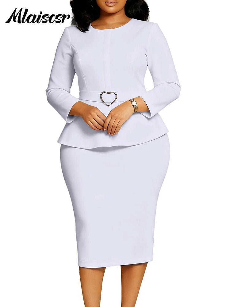 Mlaiscsr African Women Formal Office Work Mid Dress with Belt Evening Club O Neck Long Sleeve High Waist Pencil Bodycon Vestidos - Tammise Market