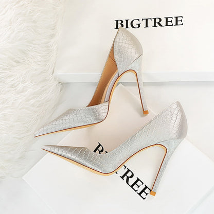 Thin heeled super high heels with shallow side hollow snake pattern silk high heels for women