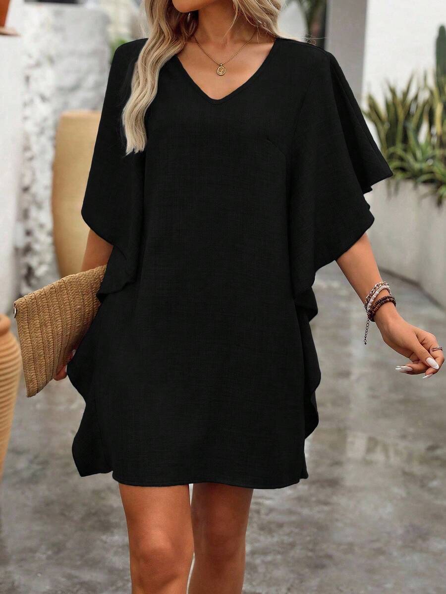 SummerWomen's Pure Color Loose Ruffled Fashion V-Neck Dress