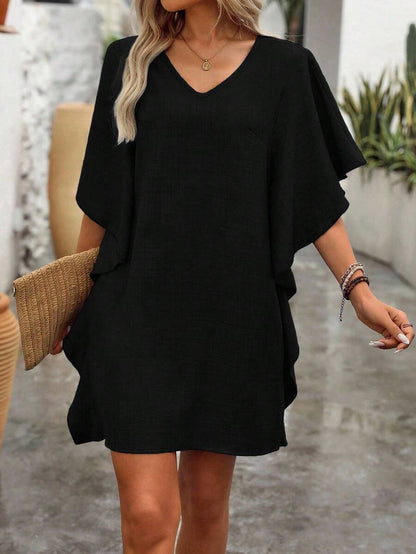 SummerWomen's Pure Color Loose Ruffled Fashion V-Neck Dress