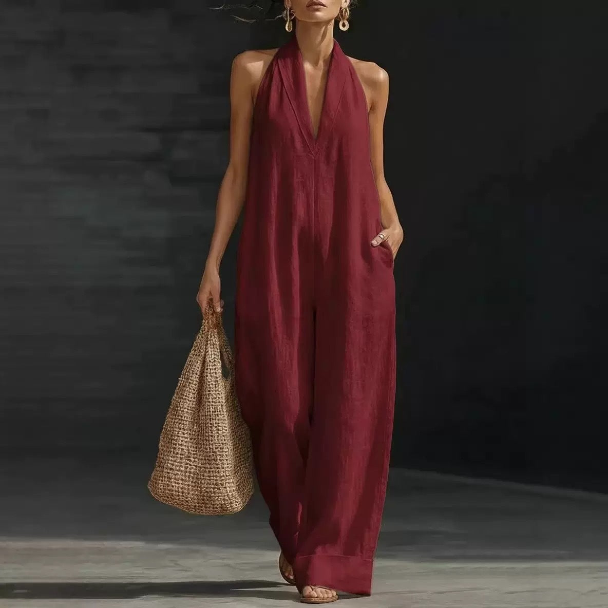 New Summer Women's Casual Solid Color V-Neck Dress