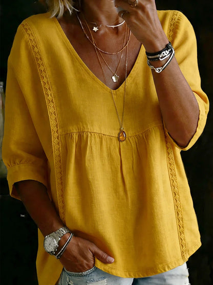 Casual Women's Sleeve Ruffled V-Neck Pullover Top in Multiple Colors