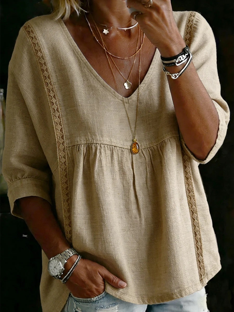 Casual Women's Sleeve Ruffled V-Neck Pullover Top in Multiple Colors