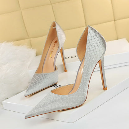Thin heeled super high heels with shallow side hollow snake pattern silk high heels for women