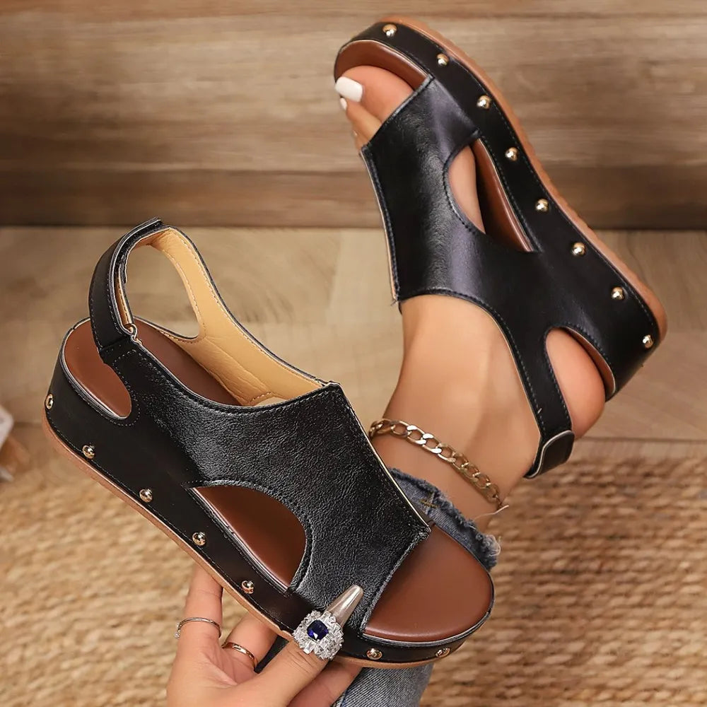 Thick soled wedge sandals for women with Velcro rivets flat bottomed fish mouth sandals
