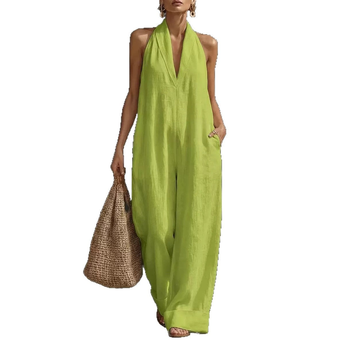 New Summer Women's Casual Solid Color V-Neck Dress