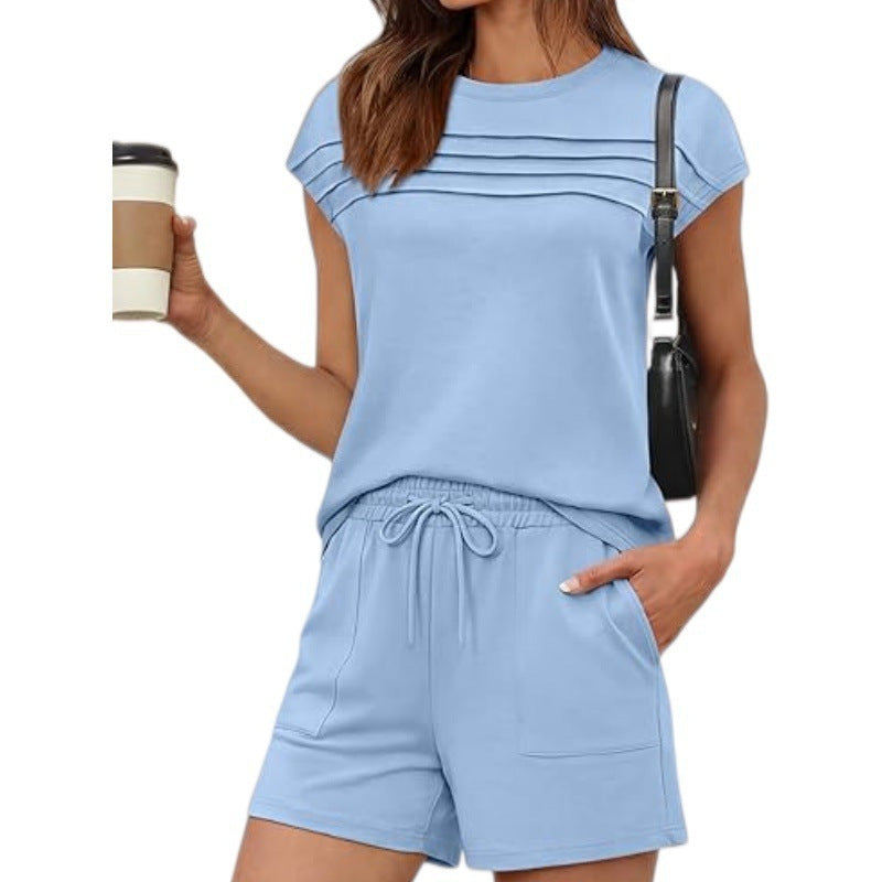 Summer New Fashion Striped Casual Top and Shorts Solid Color Set for Women