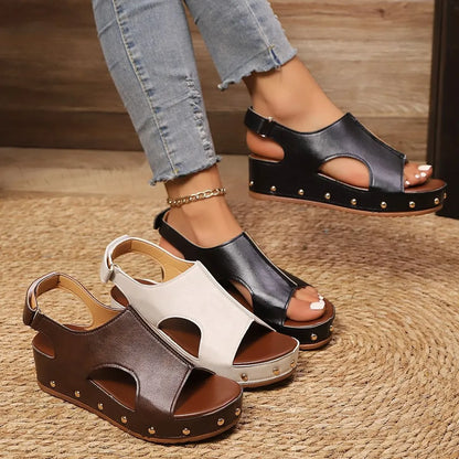 Thick soled wedge sandals for women with Velcro rivets flat bottomed fish mouth sandals
