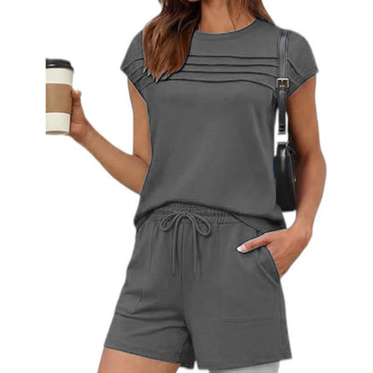 Summer New Fashion Striped Casual Top and Shorts Solid Color Set for Women